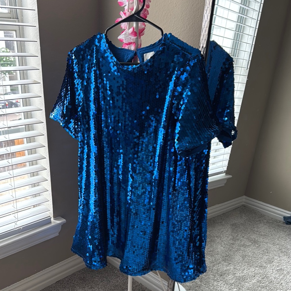 Blue Sequin Short Sleeve Top
